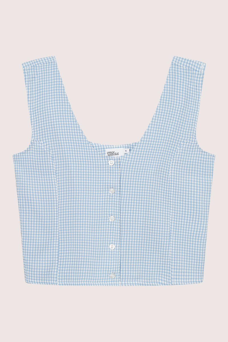 Mari Button Tank Top - Lt. Blue Checked