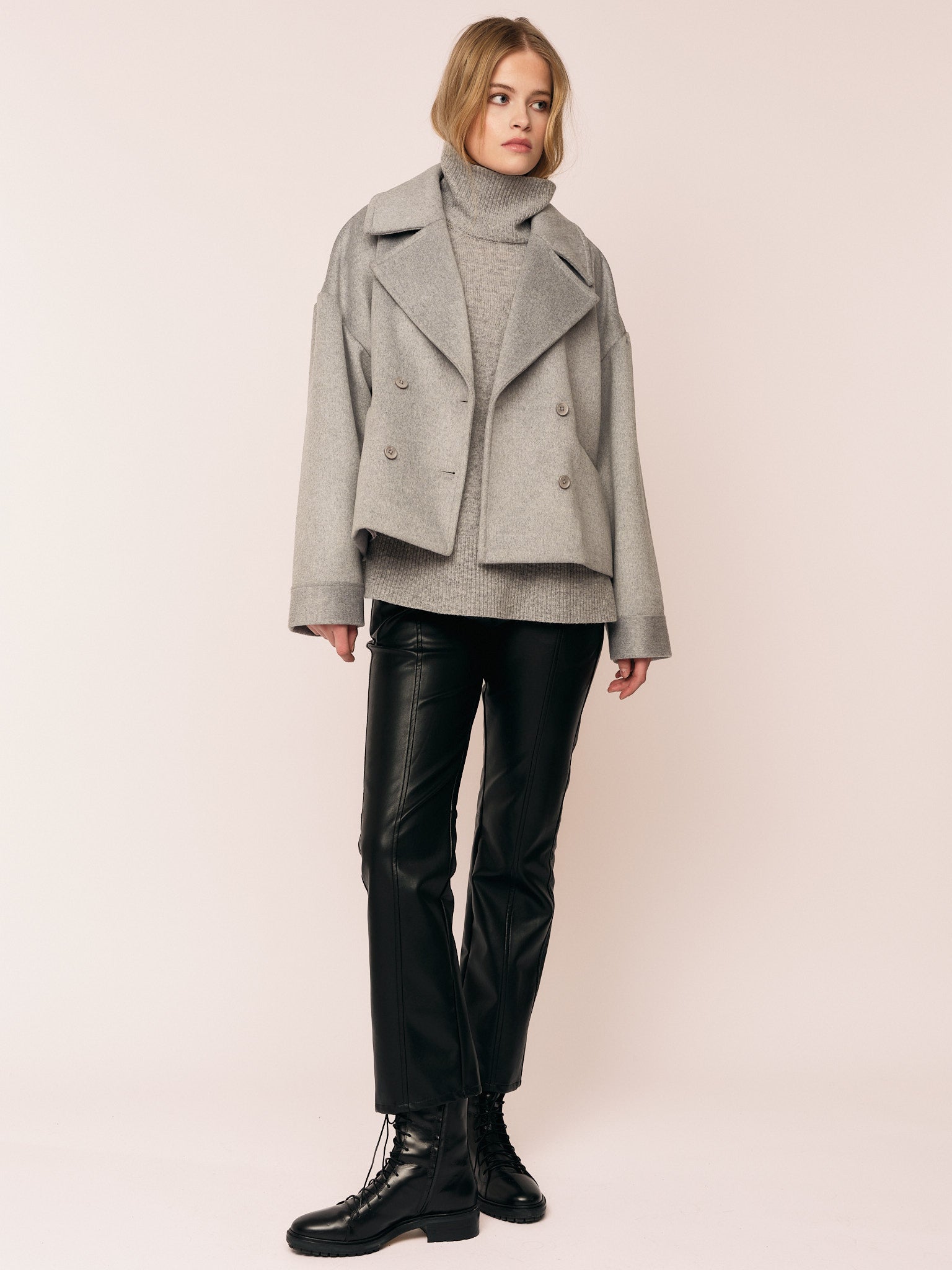 ESSAY（エッセイ） COLLAR LESS COAT　Grey Brown Doubleface Wool Cloud Notch Collar Coat | EILEEN FISHER