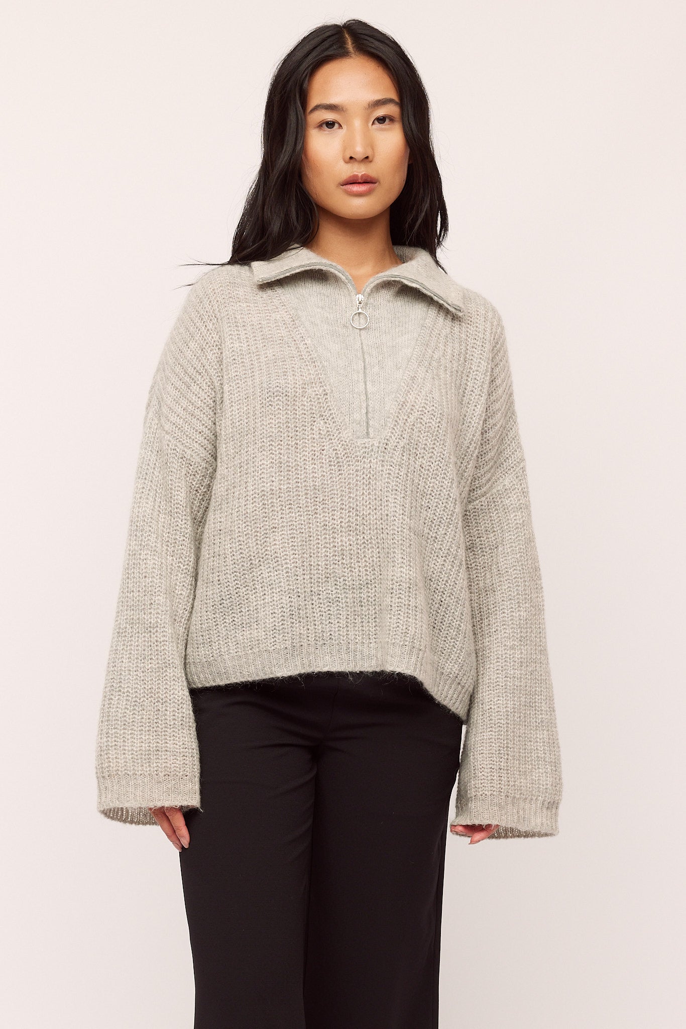 Florie Zip Knit - Lt Grey Melange – Once Untold