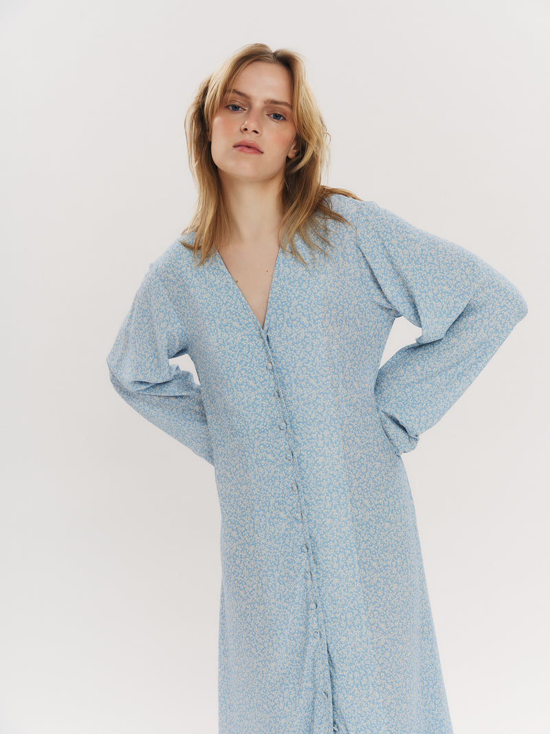 Ellen LS Long Dress - Lt Blue Petite Flower