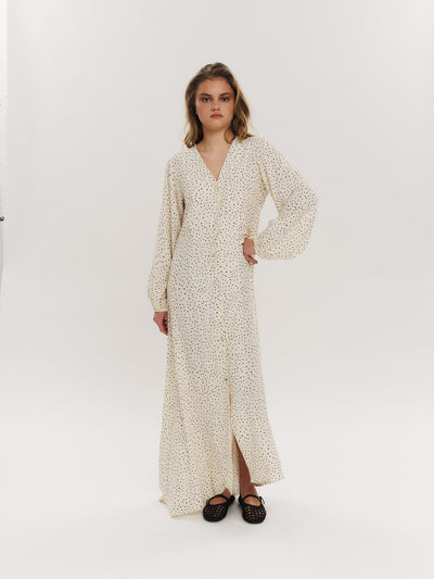Ellen LS Long Dress - Creme Navy Dot