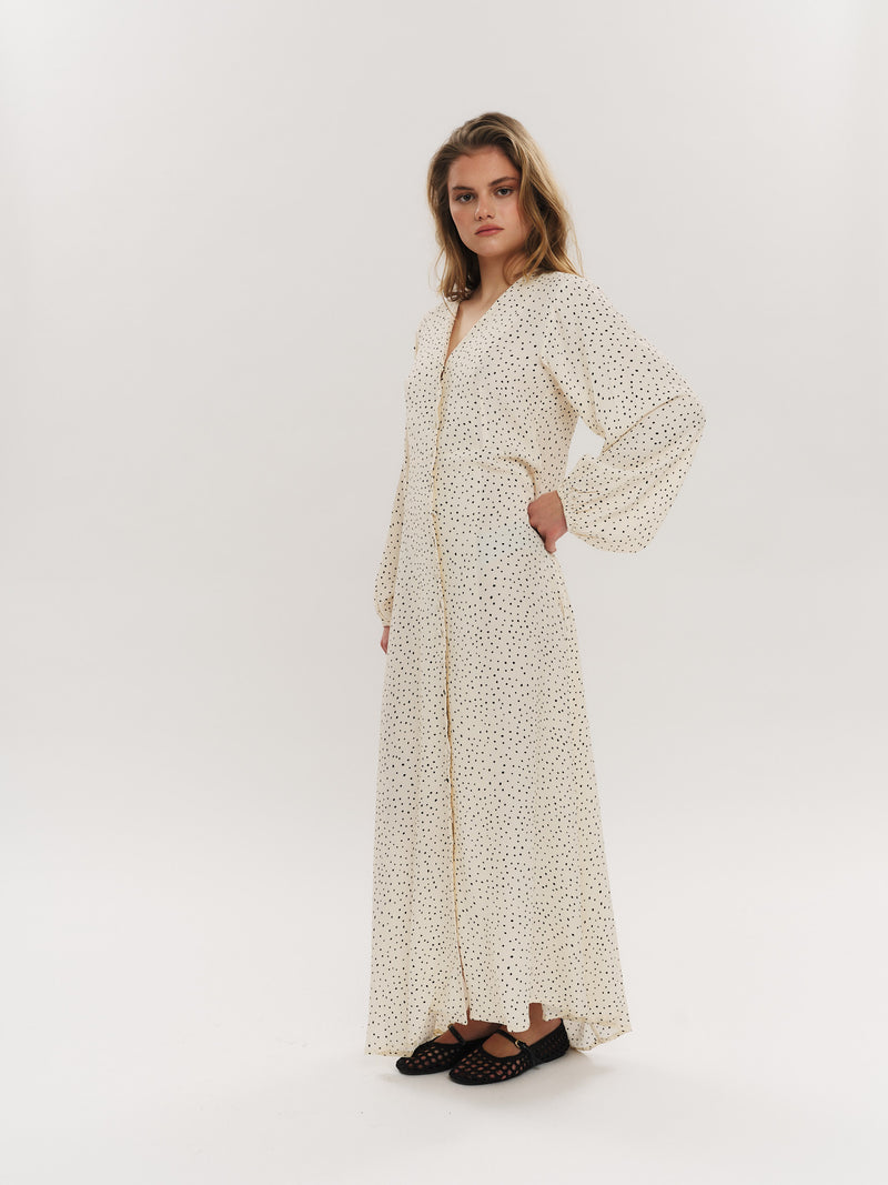 Ellen LS Long Dress - Creme Navy Dot