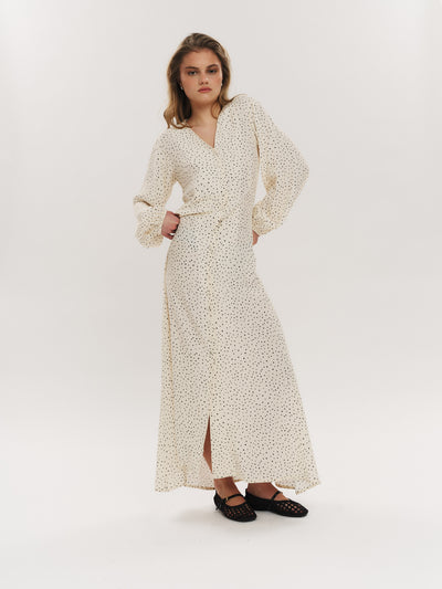 Ellen LS Long Dress - Creme Navy Dot