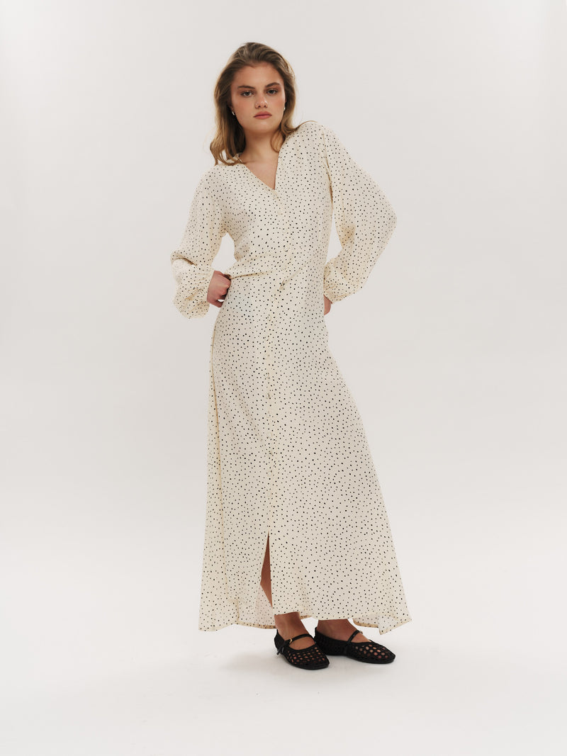 Ellen LS Long Dress - Creme Navy Dot