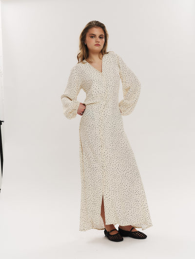 Ellen LS Long Dress - Creme Navy Dot