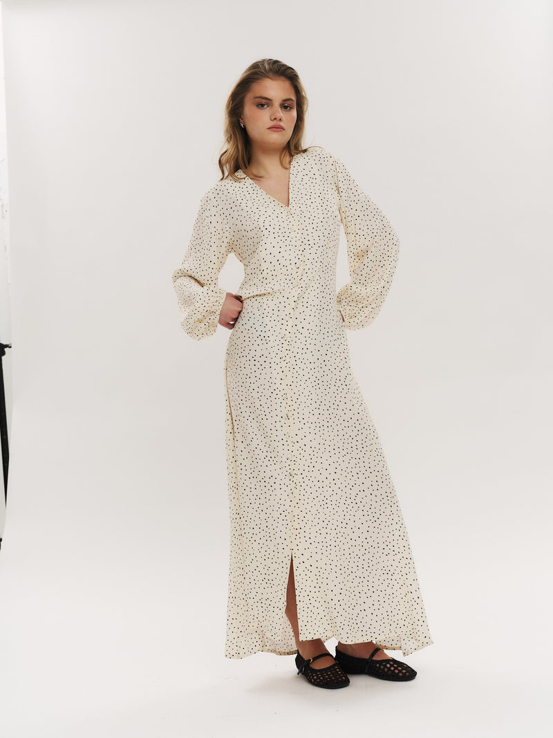 Ellen LS Long Dress - Creme Navy Dot