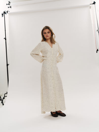 Ellen LS Long Dress - Creme Navy Dot