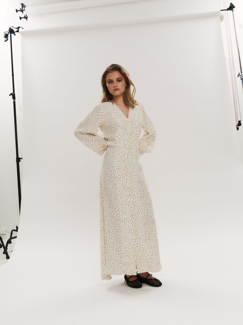 Ellen LS Long Dress - Creme Navy Dot
