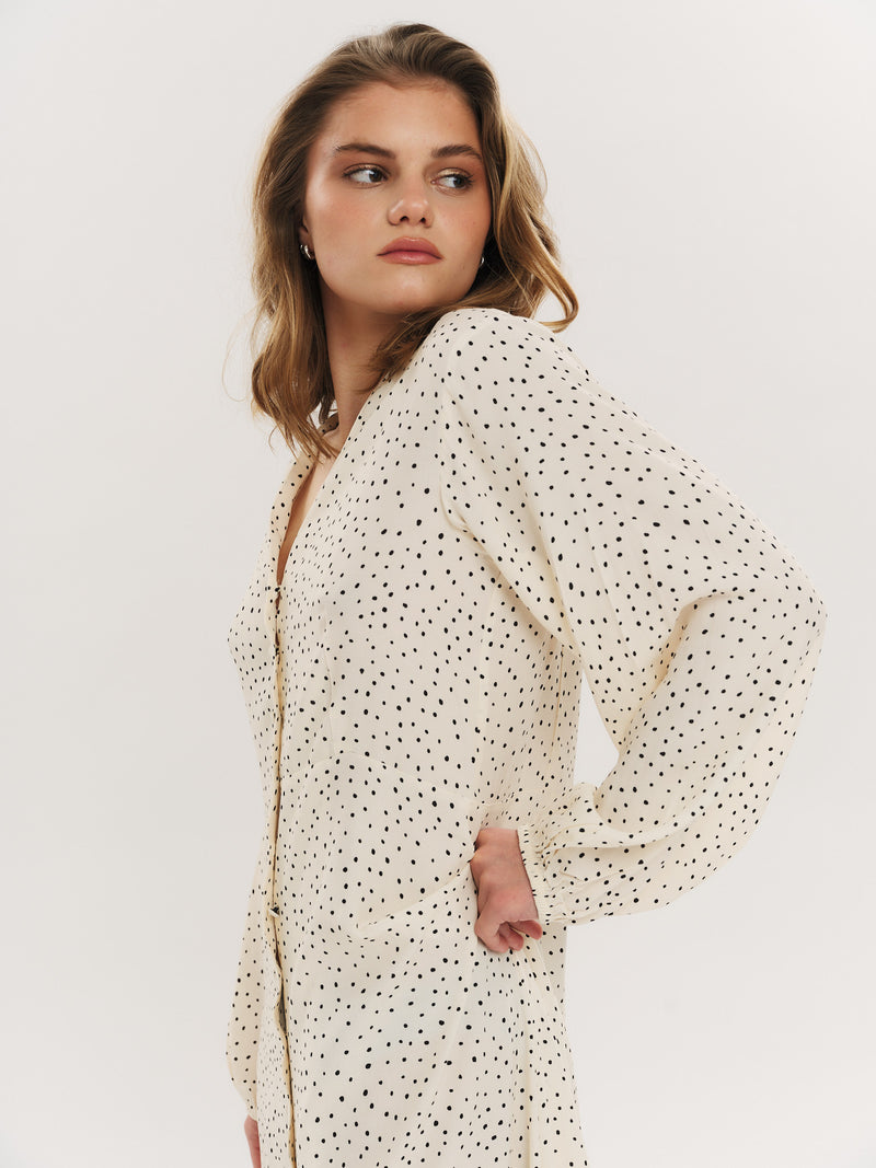 Ellen LS Long Dress - Creme Navy Dot