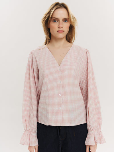 Indiana LS Button Blouse - Washed Pink Checked