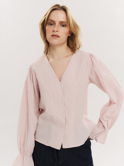Indiana LS Button Blouse - Washed Pink Checked