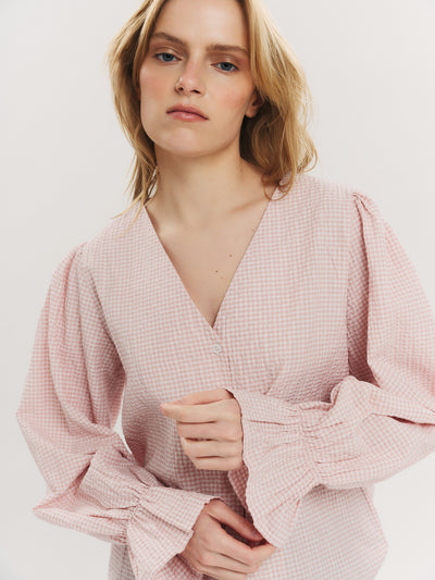 Indiana LS Button Blouse - Washed Pink Checked