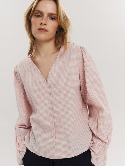 Indiana LS Button Blouse - Washed Pink Checked
