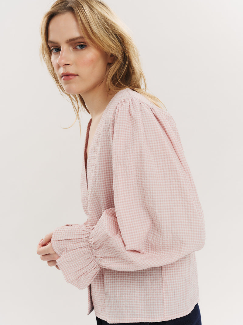 Indiana LS Button Blouse - Washed Pink Checked