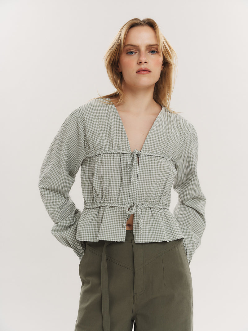 Indiana String Blouse - Olive Green Checked