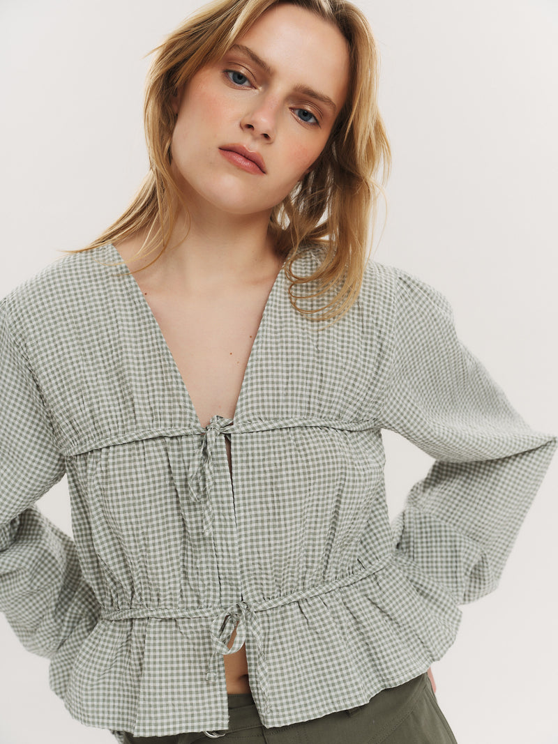 Indiana String Blouse - Olive Green Checked