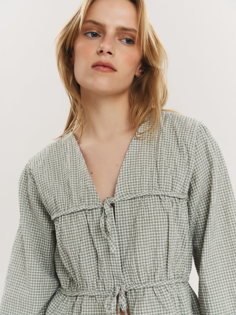 Indiana String Blouse - Olive Green Checked