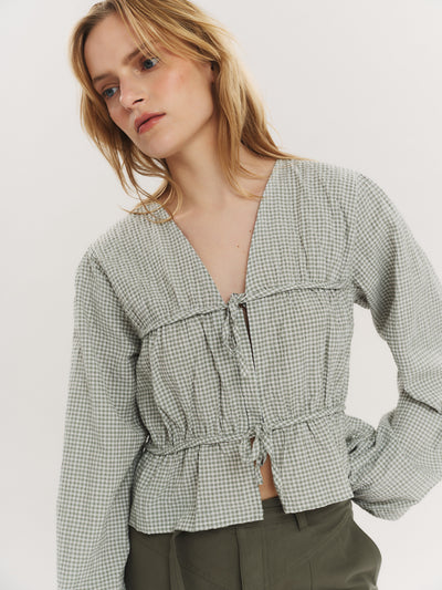 Indiana String Blouse - Olive Green Checked