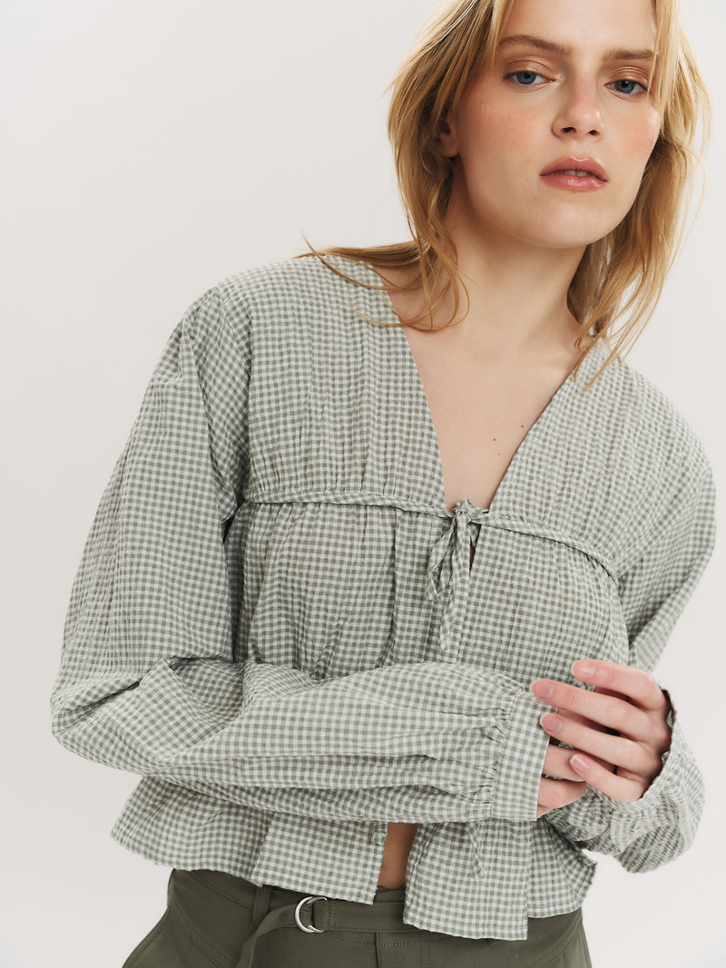 Indiana String Blouse - Olive Green Checked
