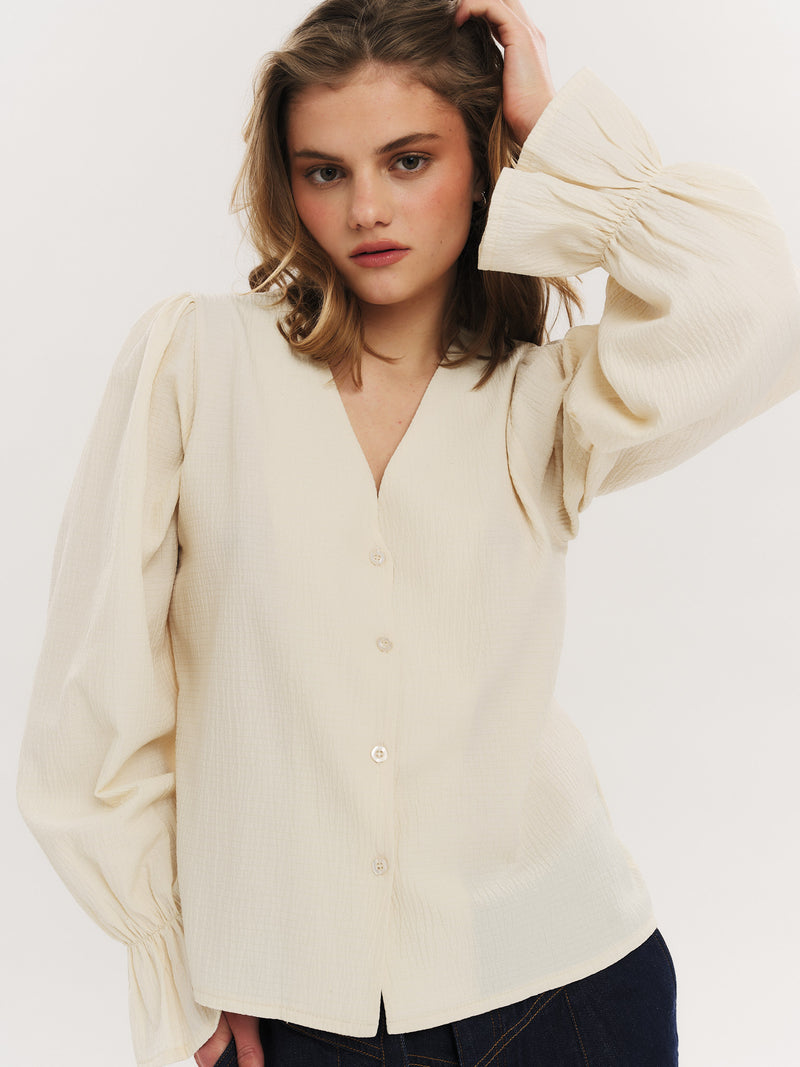 Indiana LS Button Blouse - Creme