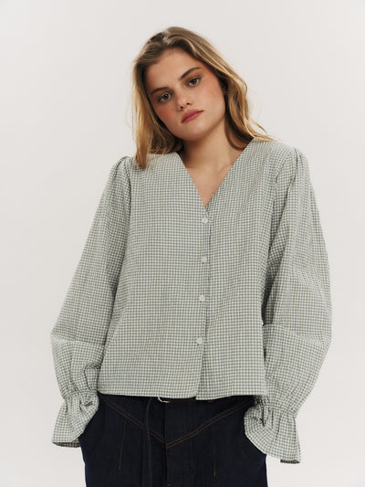 Indiana LS Button Blouse - Olive Green Checked