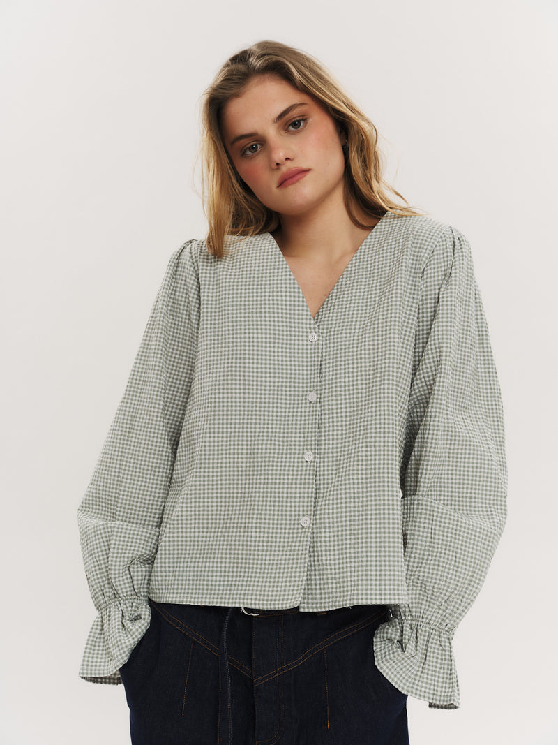 Indiana LS Button Blouse - Olive Green Checked