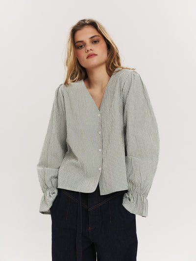 Indiana LS Button Blouse - Olive Green Checked