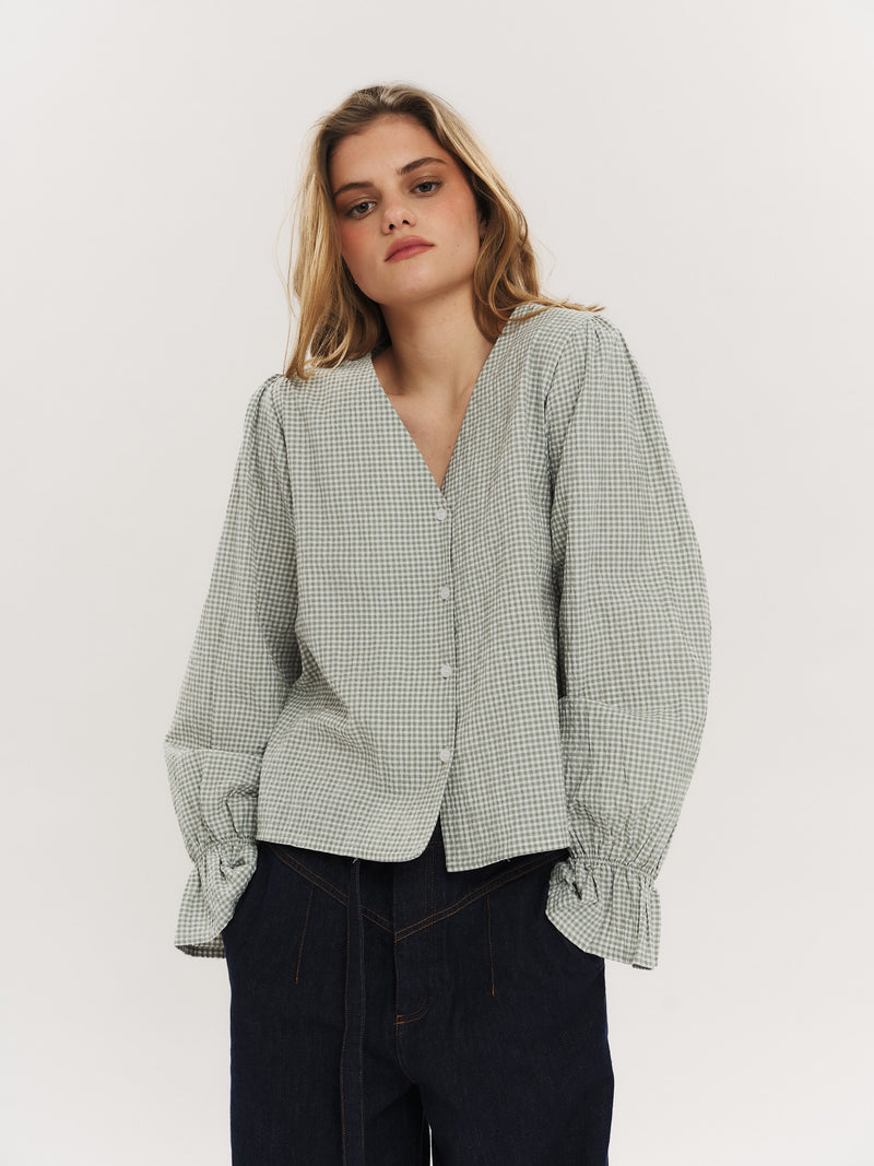Indiana LS Button Blouse - Olive Green Checked