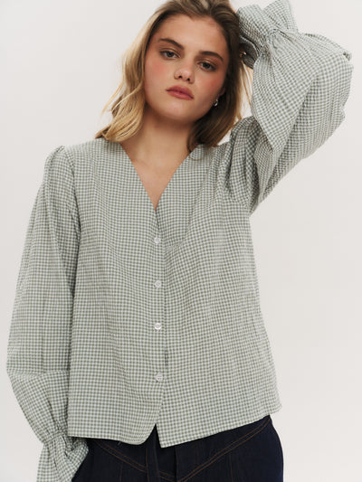 Indiana LS Button Blouse - Olive Green Checked