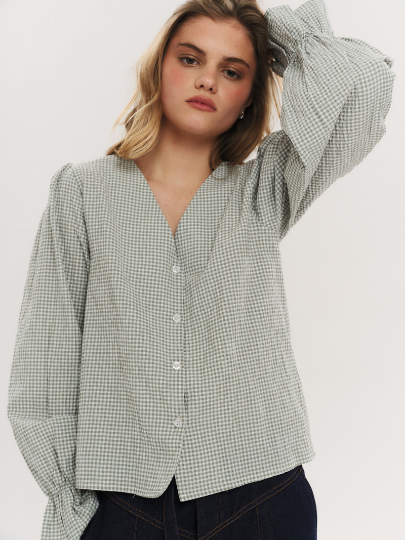 Indiana LS Button Blouse - Olive Green Checked