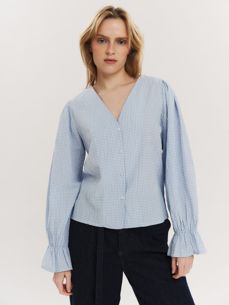Indiana LS Button Blouse - Dusty Blue Checked