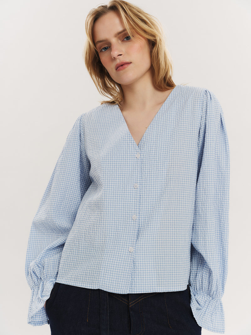 Indiana LS Button Blouse - Dusty Blue Checked