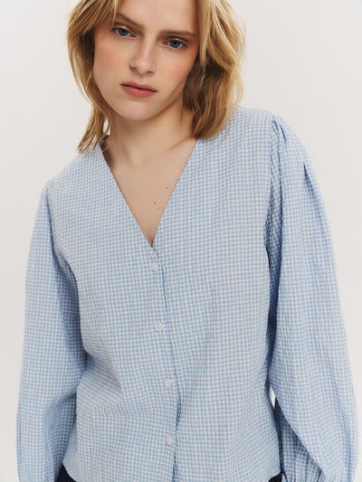 Indiana LS Button Blouse - Dusty Blue Checked