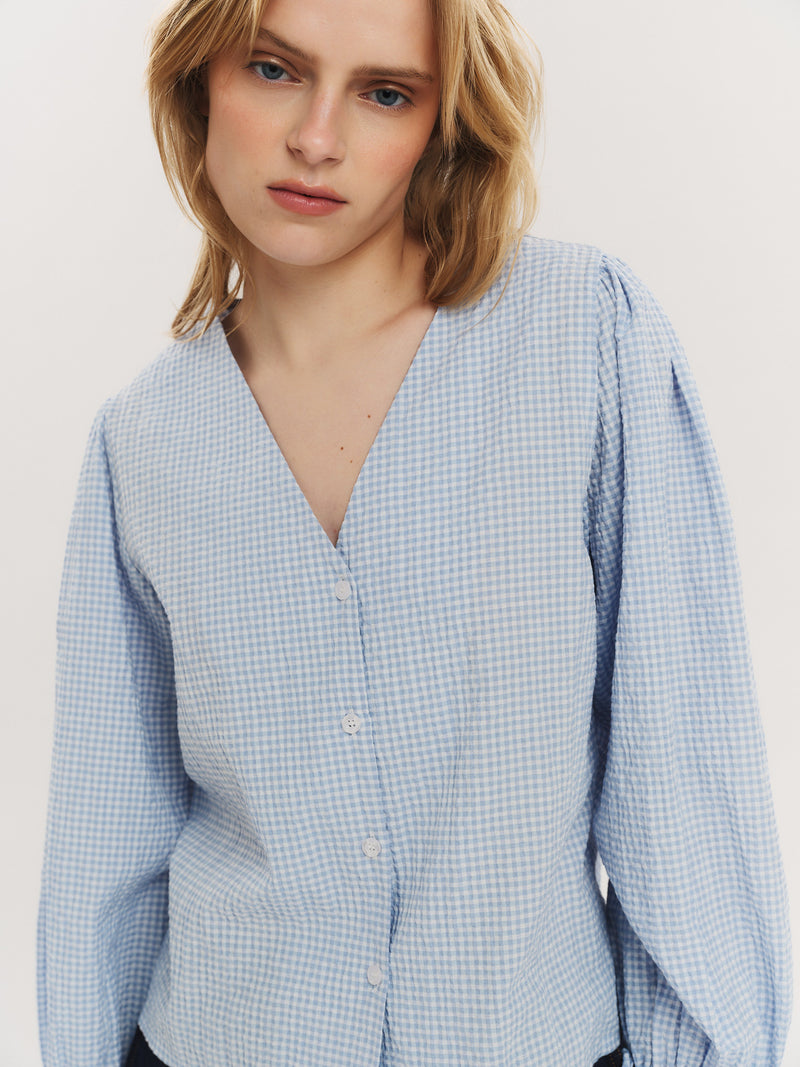 Indiana LS Button Blouse - Dusty Blue Checked