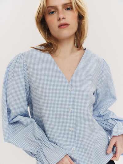 Indiana LS Button Blouse - Dusty Blue Checked