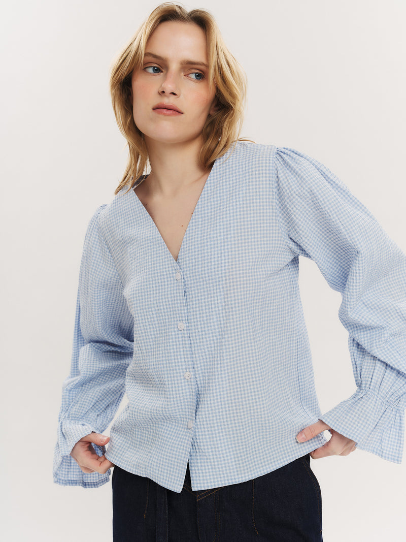 Indiana LS Button Blouse - Dusty Blue Checked