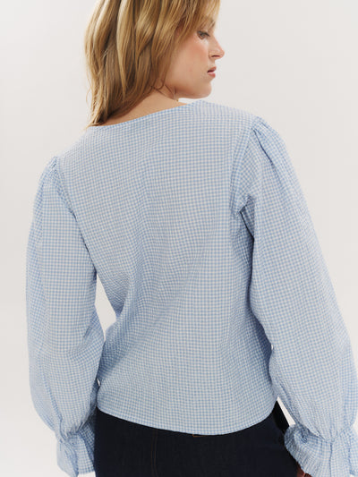 Indiana LS Button Blouse - Dusty Blue Checked