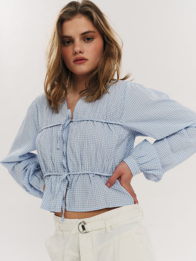 Indiana String Blouse - Dusty Blue Checked