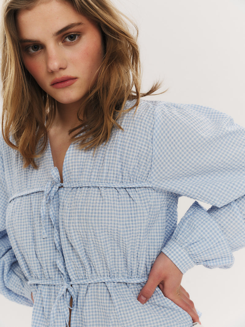 Indiana String Blouse - Dusty Blue Checked