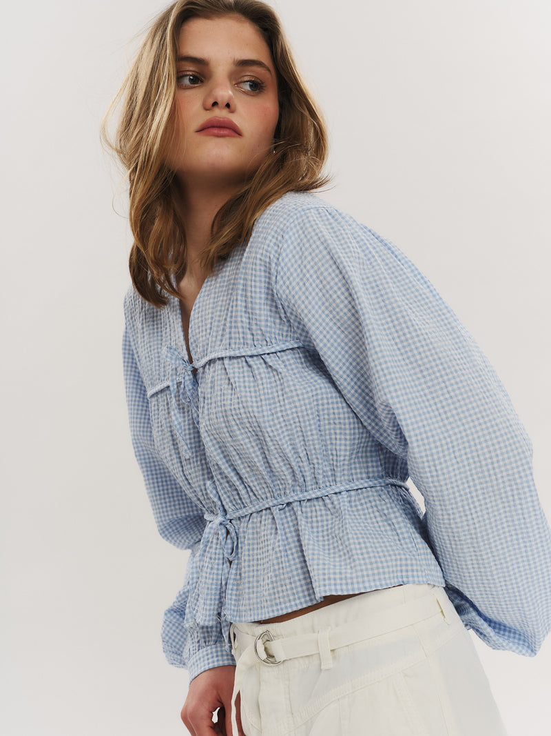 Indiana String Blouse - Dusty Blue Checked