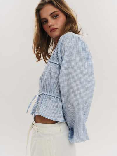 Indiana String Blouse - Dusty Blue Checked