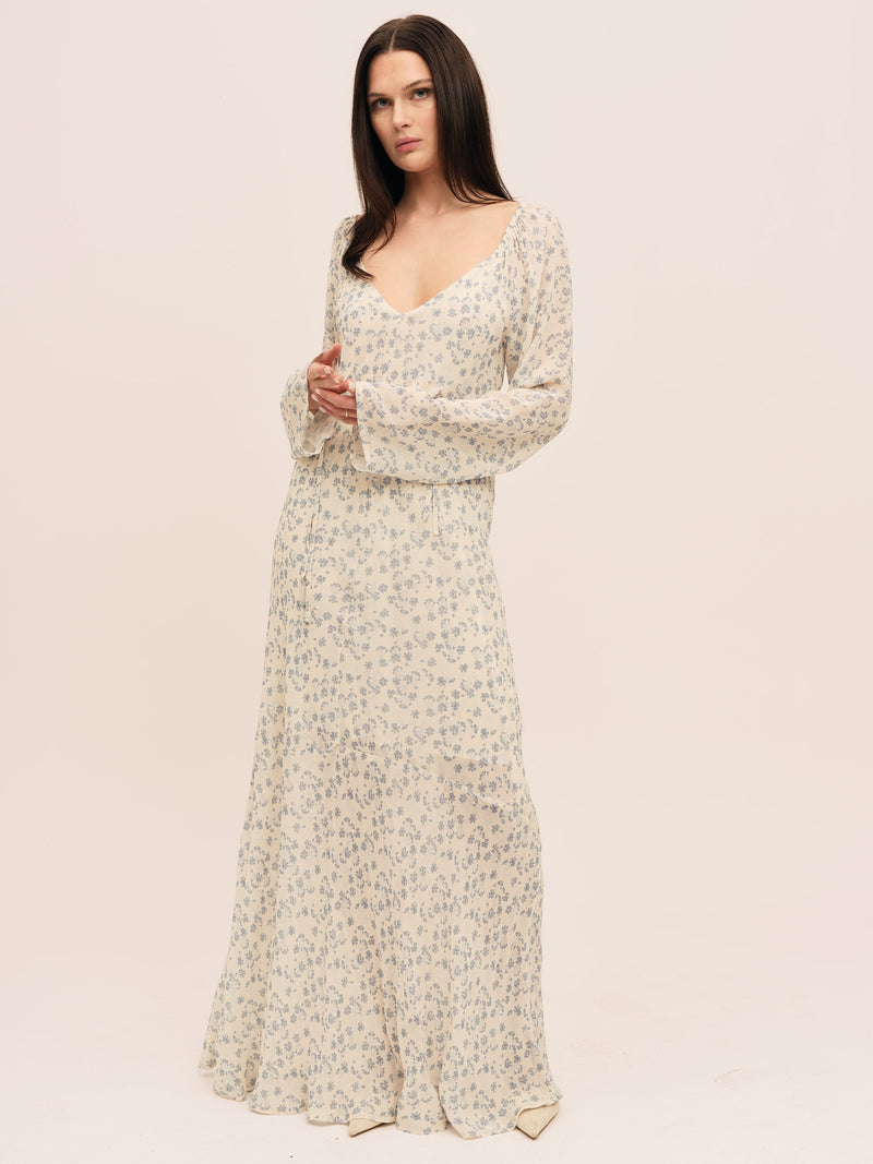 Sunset  LS  Dress - Cream Blue Flower