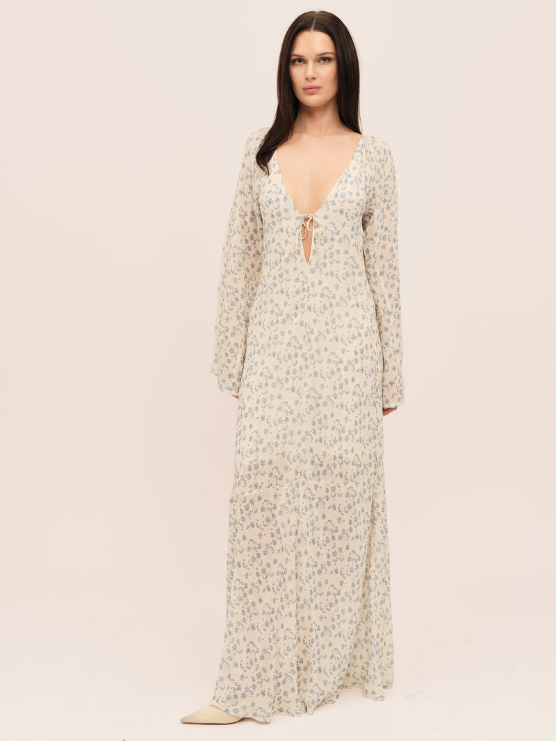 Sunset  LS  Dress - Cream Blue Flower