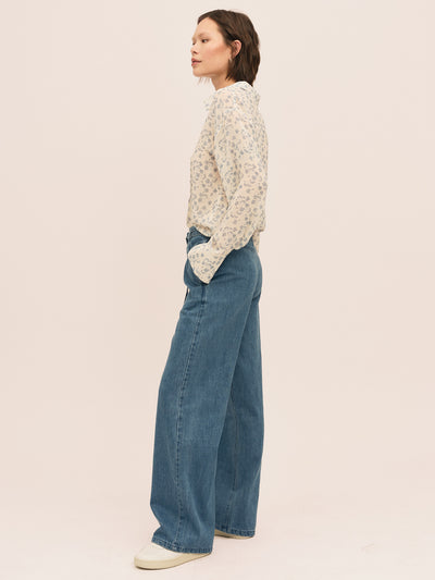 Sunset  Shirt - Cream Blue Flower