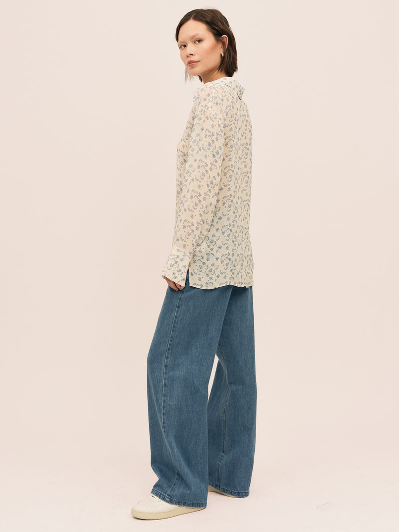 Sunset  Shirt - Cream Blue Flower