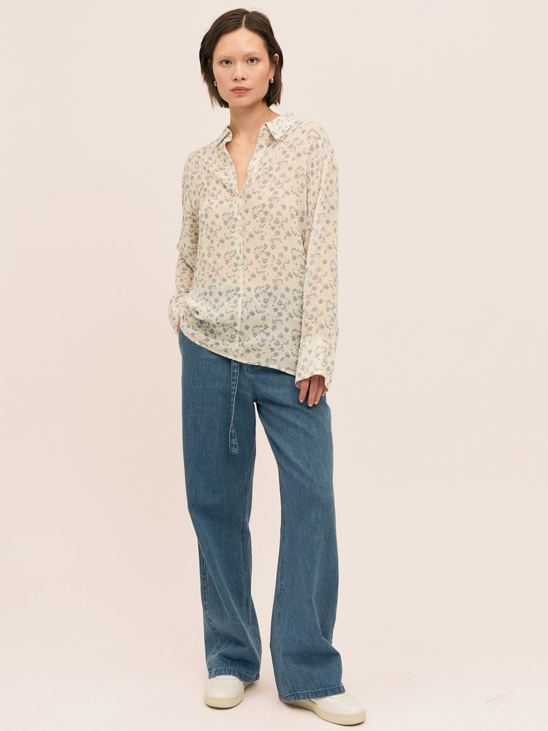 Sunset  Shirt - Cream Blue Flower