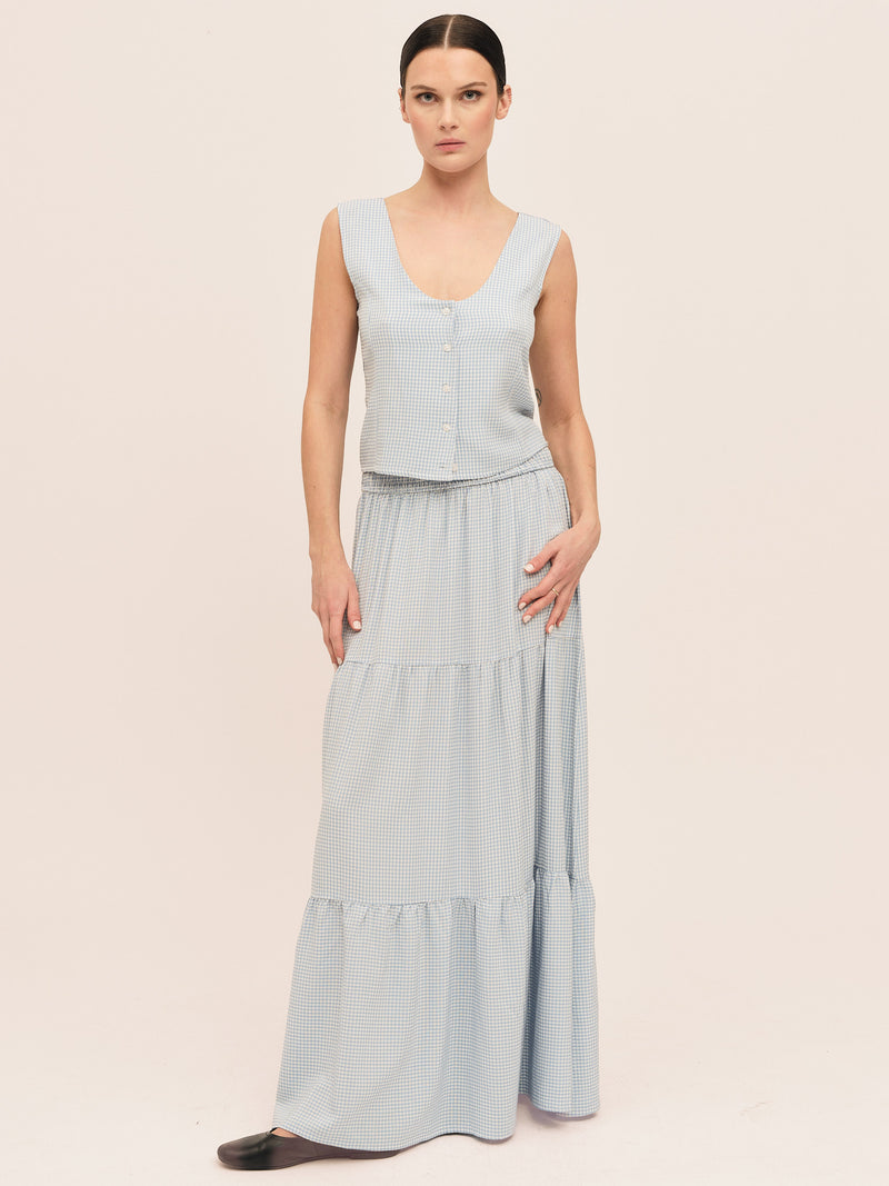 Mari Long Skirt - Lt. Blue Checked