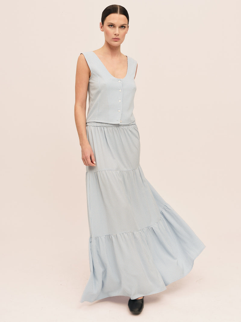 Mari Long Skirt - Lt. Blue Checked