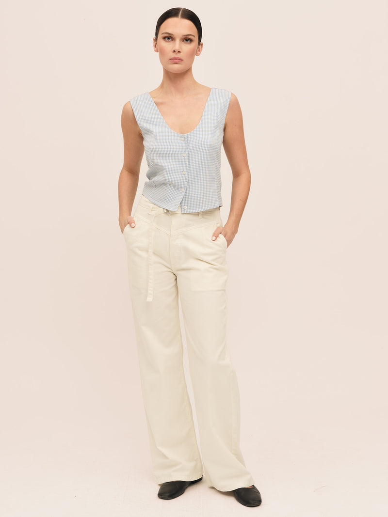 Mari Button Tank Top - Lt. Blue Checked