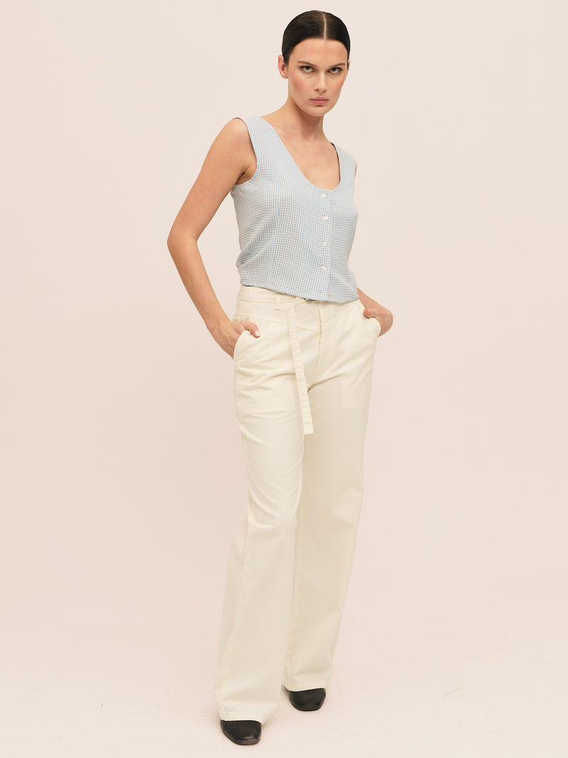 Mari Button Tank Top - Lt. Blue Checked